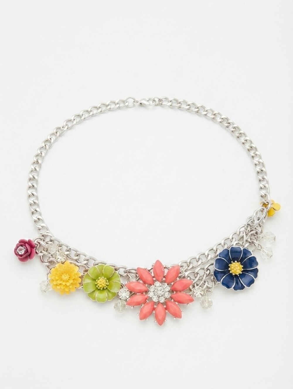 Silver Tone Multi-Color Enamel Flower Statement Necklace Rhinestone Choker